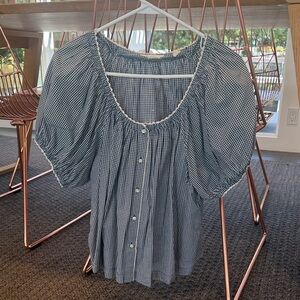 Doen Gingham Puff Sleeve Blouse - Navy and White